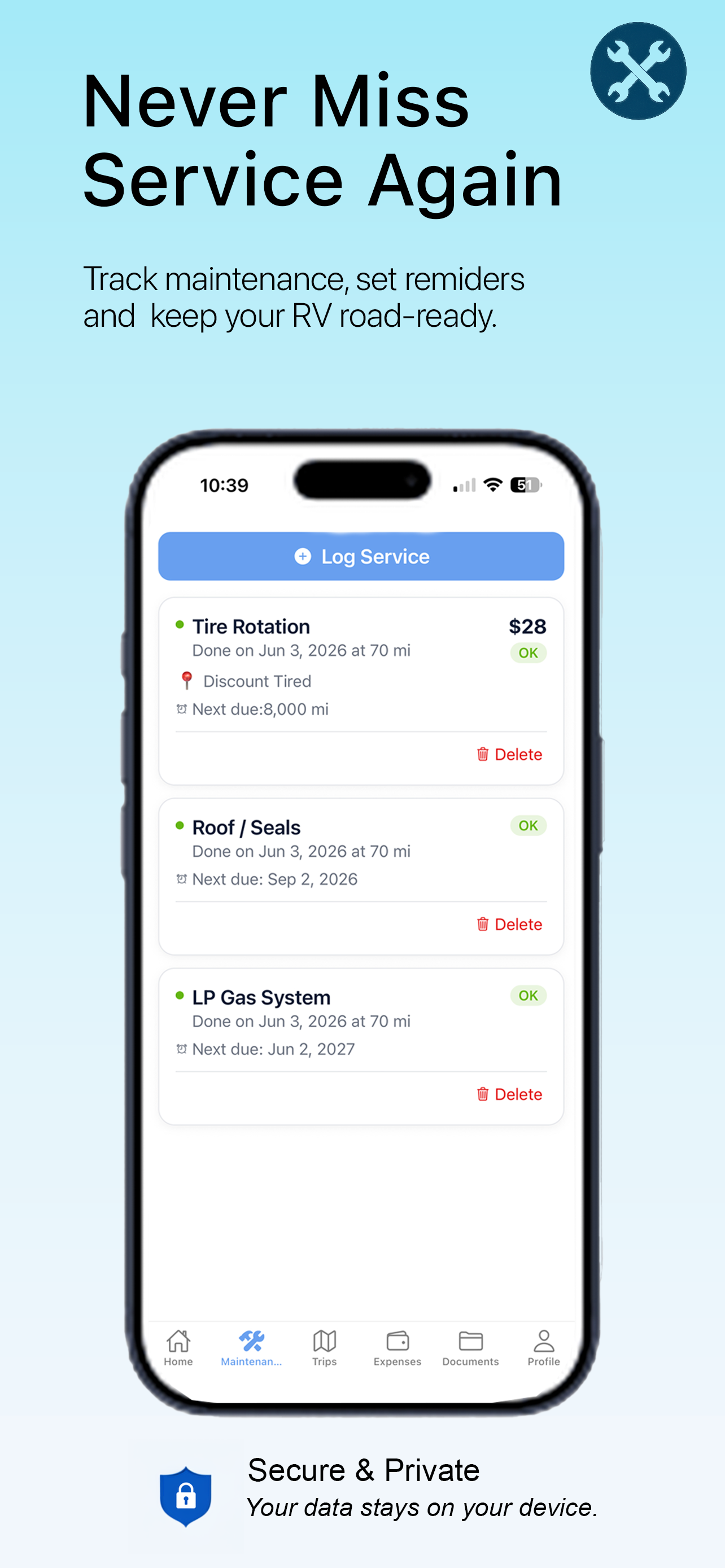 Maintenance reminders in TrekAssistant