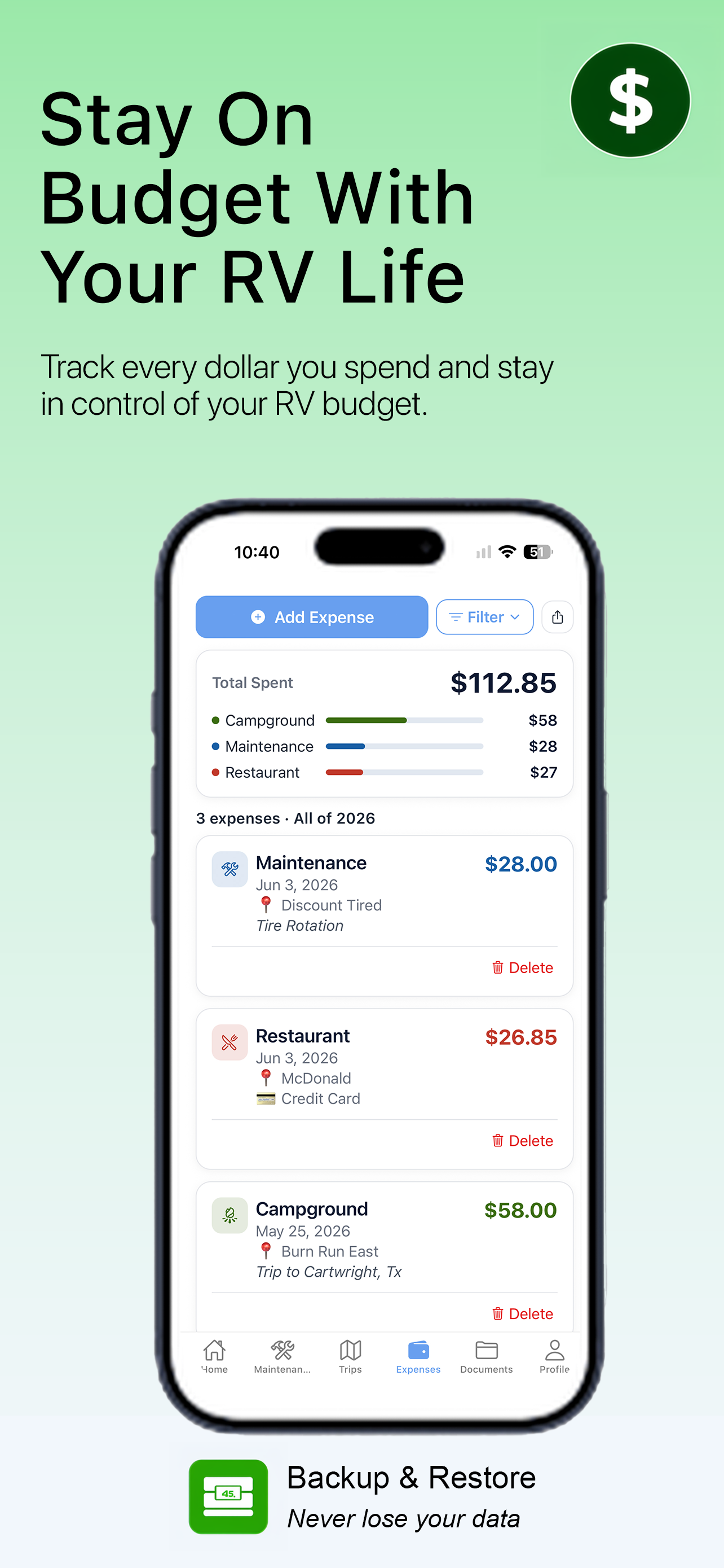 Expense tracking in TrekAssistant